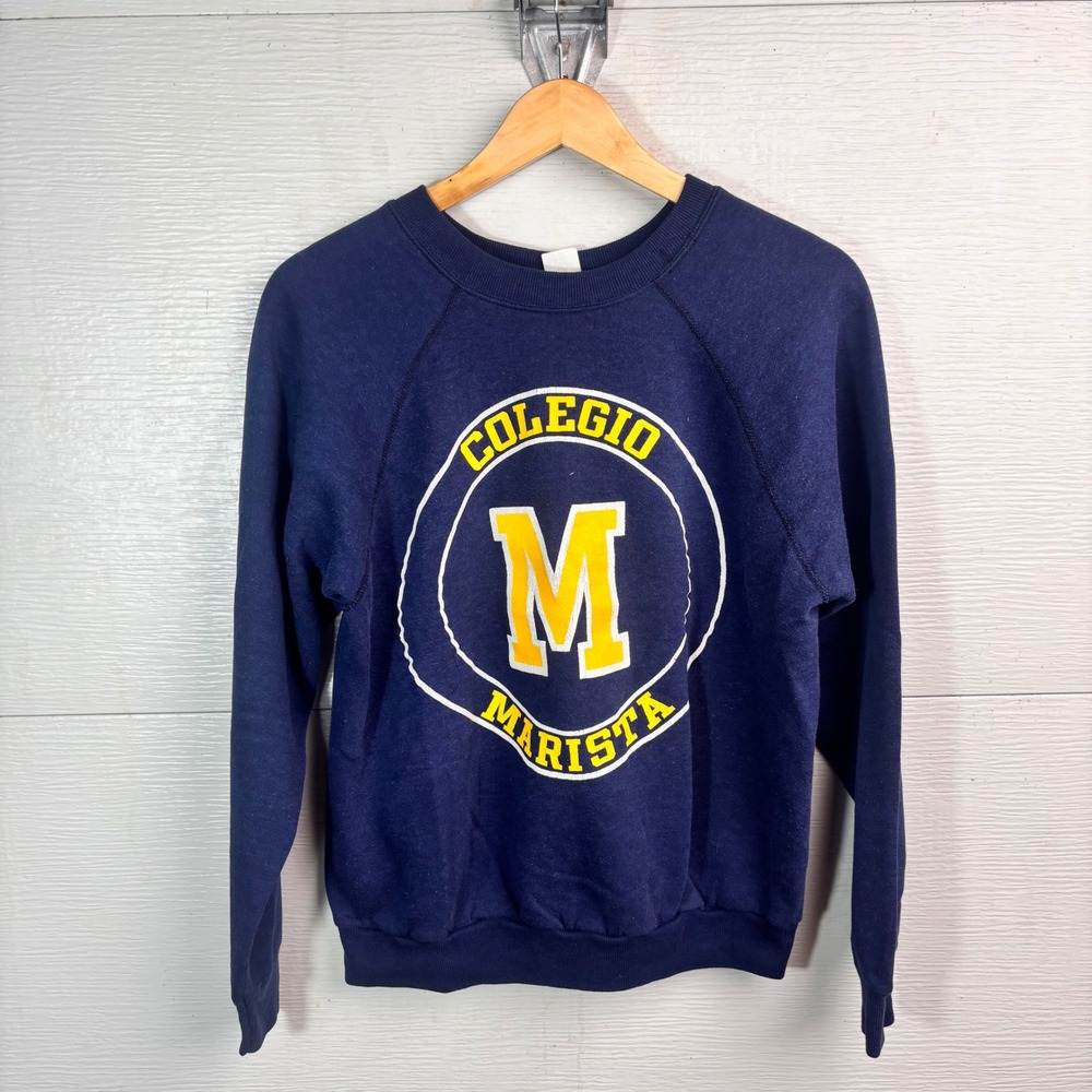 Vintage 80s Artex Colegio Marista Collegiate Sweatshirt M Navy Yellow Raglan USA